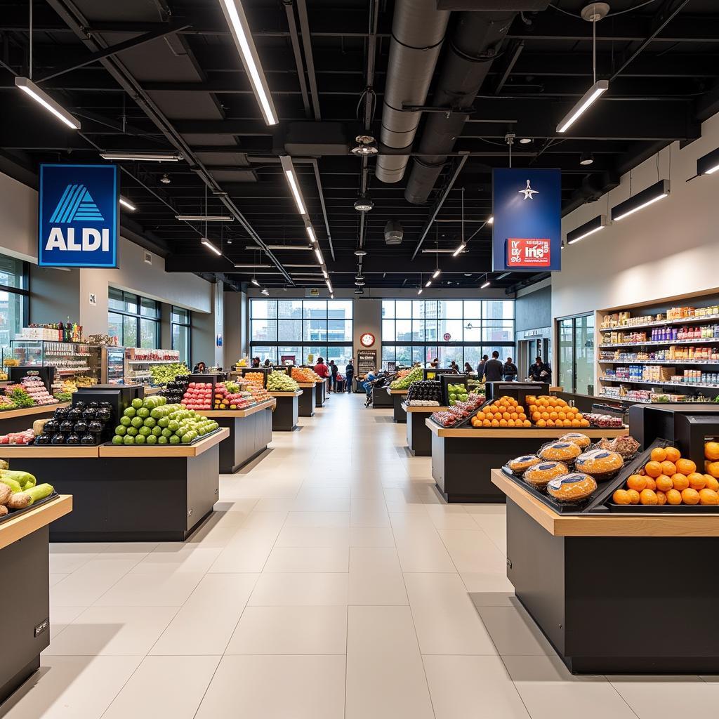 Aldi Süd Leverkusen Schlebusch Innen - Ein Bild der Kassenbereich des Aldi Süd Marktes in Schlebusch, der übersichtlich und modern gestaltet ist.