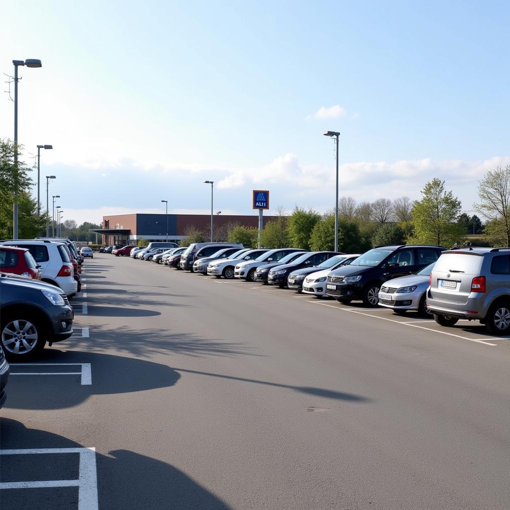 Aldi Süd Leverkusen Schlebusch Parkplatz - Ein Bild des Parkplatzes vor dem Aldi Süd Markt in Schlebusch, der gut gefüllt ist aber noch freie Plätze hat.