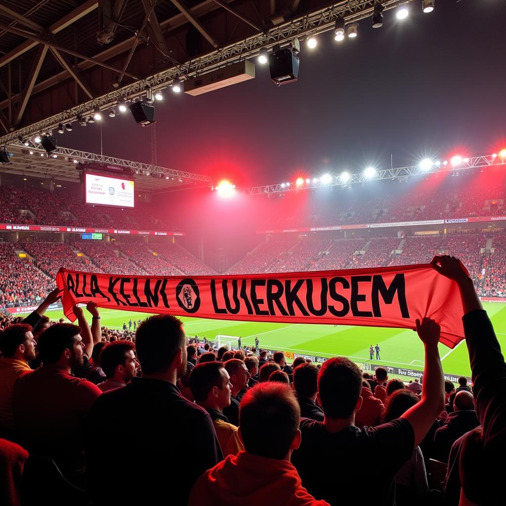 Fans mit Alla Kelm Leverkusen Banner in der BayArena