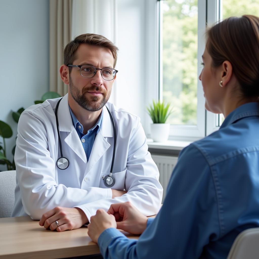 Ein Arzt im Gespräch mit einem Patienten in einer Praxis in Leverkusen.