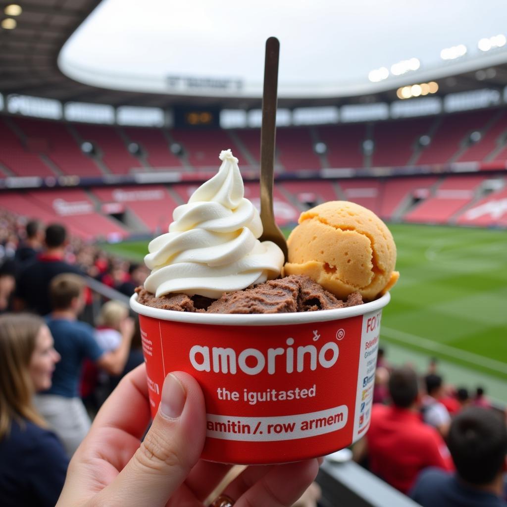 Amorino Eiscreme in Leverkusen mit Blick auf die BayArena