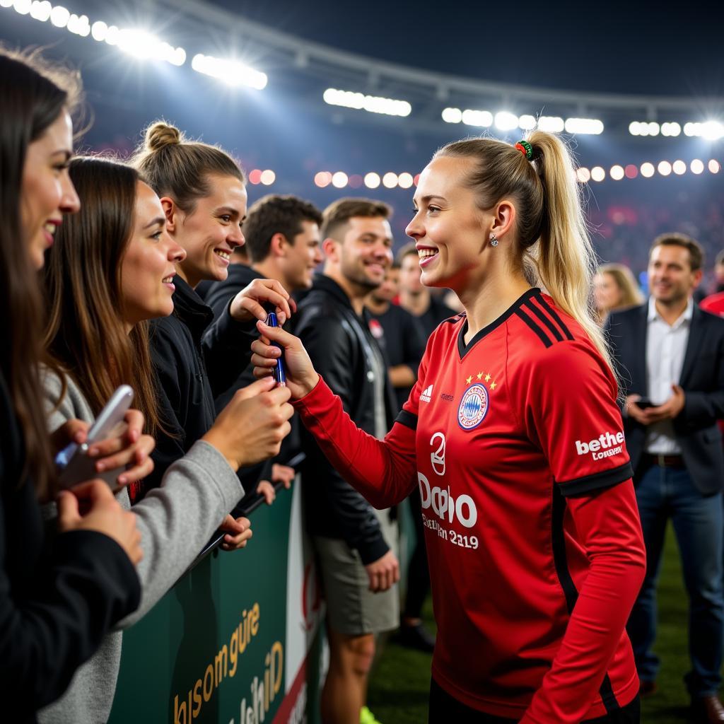 Angelika Abel trifft Fans nach einem Spiel von Bayer 04 Leverkusen.