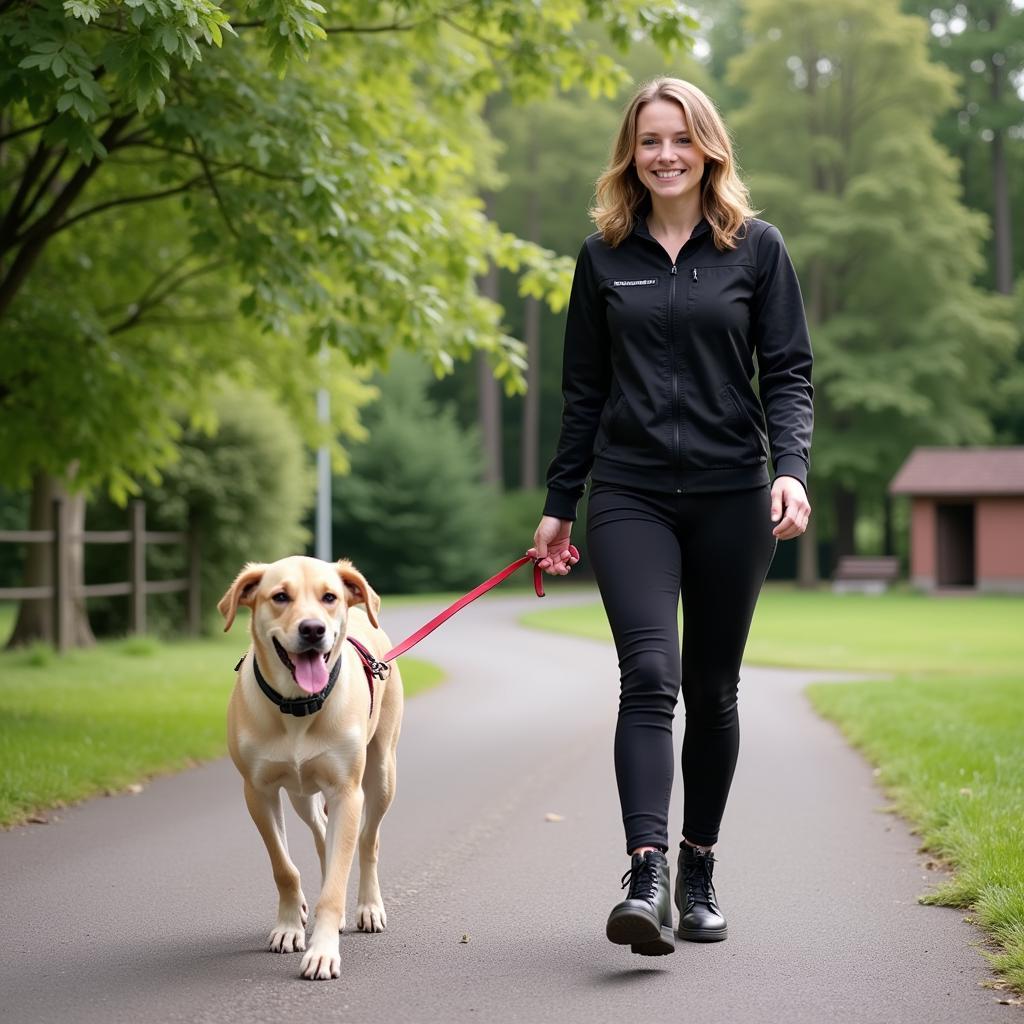 Anika Golze geht mit einem Hund im Tierheim Leverkusen spazieren.