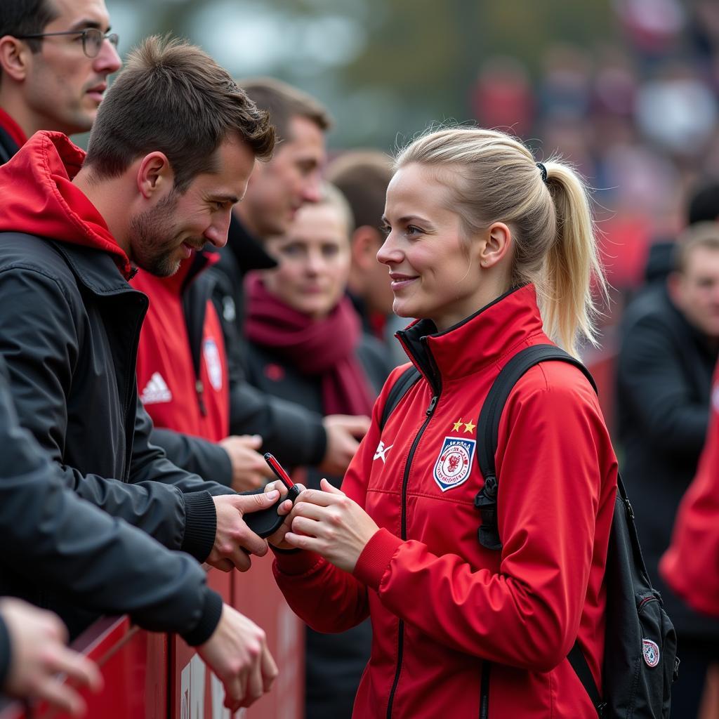 Anja Fischer mit Bayer Leverkusen Fans.