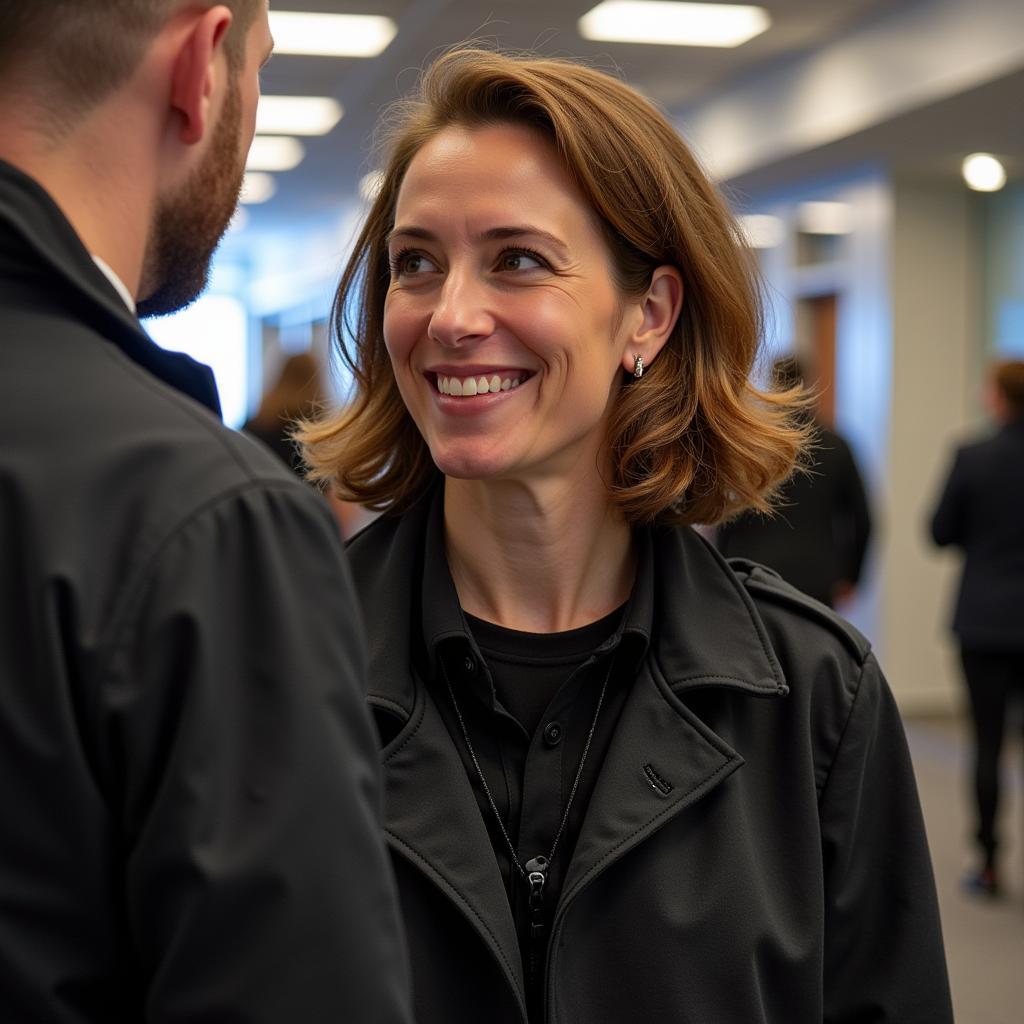 Anne Fröhlich bei einem Besuch in der BayArena.