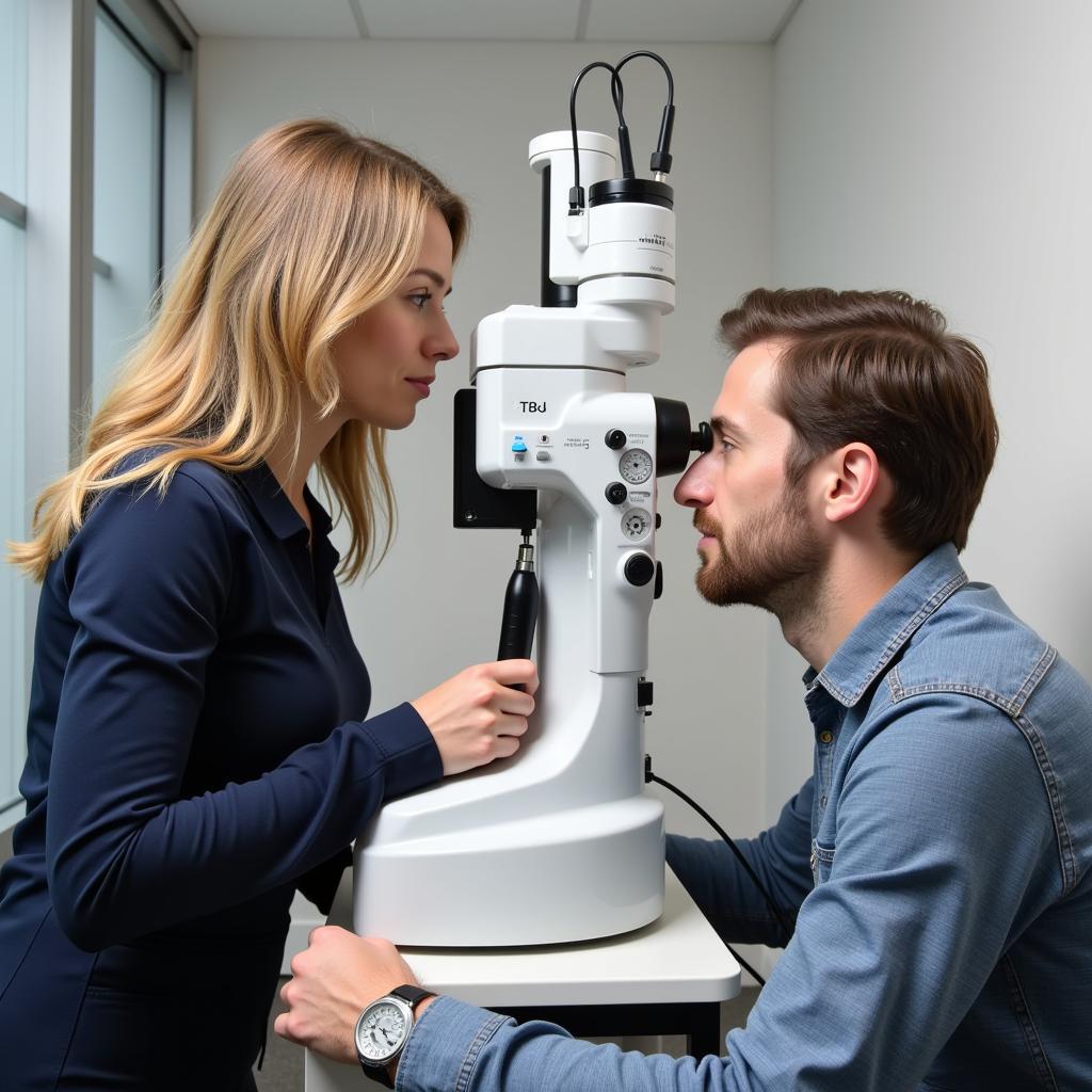 Professionelle Durchführung eines Sehtests bei Apollo Optik.