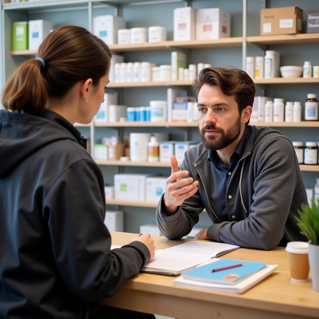 Apothekerin berät Kunden zu Medikamenten und Gesundheitsfragen in der Apotheke am Marktplatz Leverkusen.