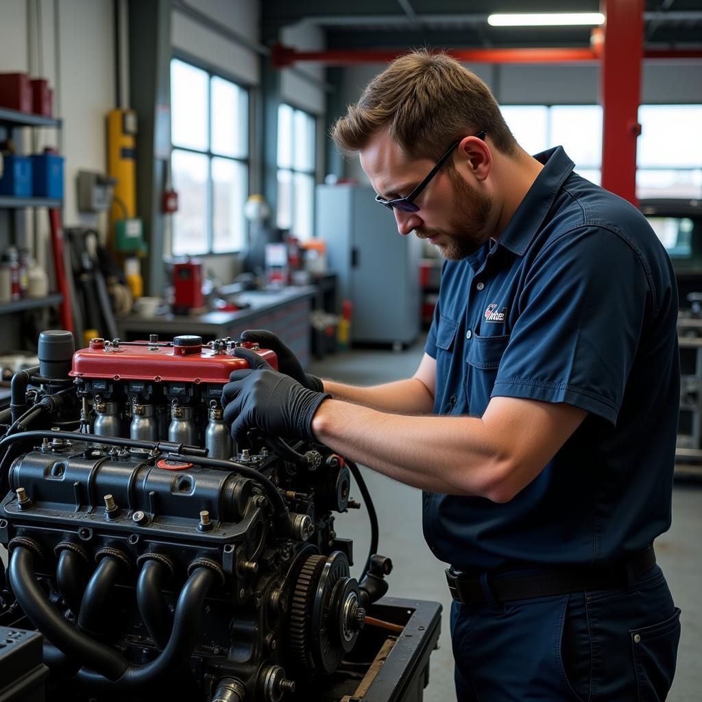 Ein Mechaniker arbeitet in einer Werkstatt in Leverkusen an einem Motor.