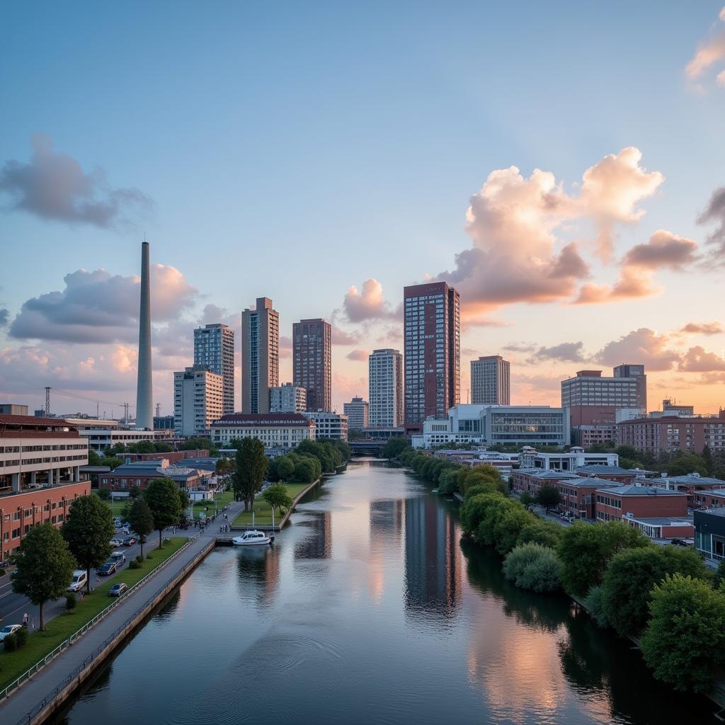 Arbeiten und Lernen in Leverkusen: Ein Panoramablick auf die Stadt mit dem Bayer-Werk im Hintergrund.