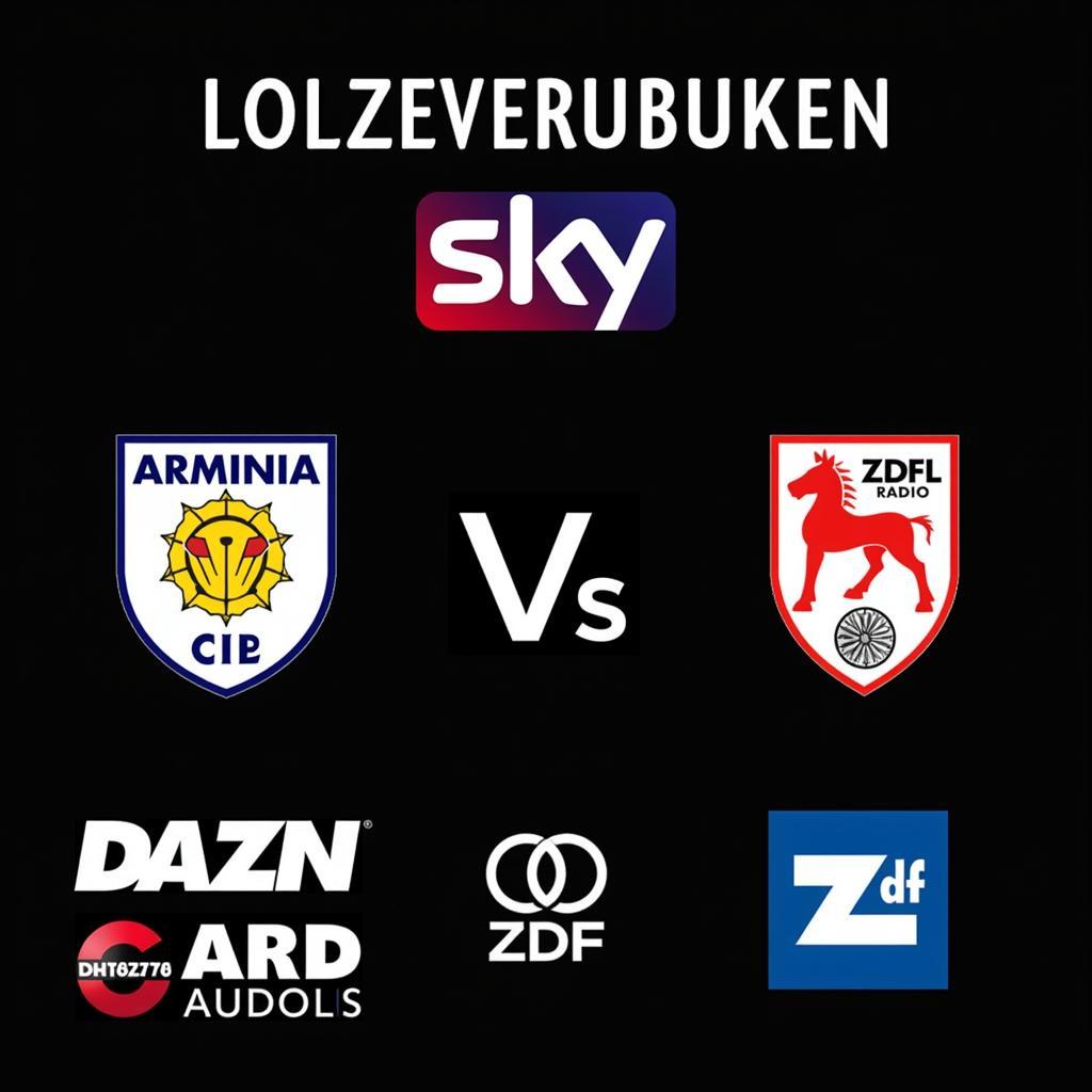 Übersicht der Übertragungsoptionen für Arminia gegen Leverkusen: Logos von Sky, DAZN, ARD, ZDF und Radiostationen.