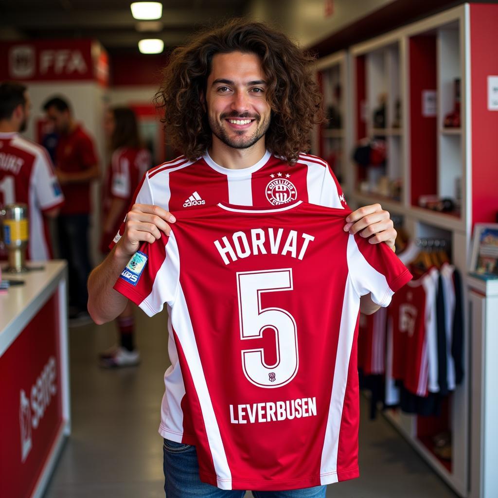 Artur Horvat Trikot im Leverkusen Shop: Ein Fan präsentiert stolz sein neues Trikot mit Horvats Namen und Nummer.