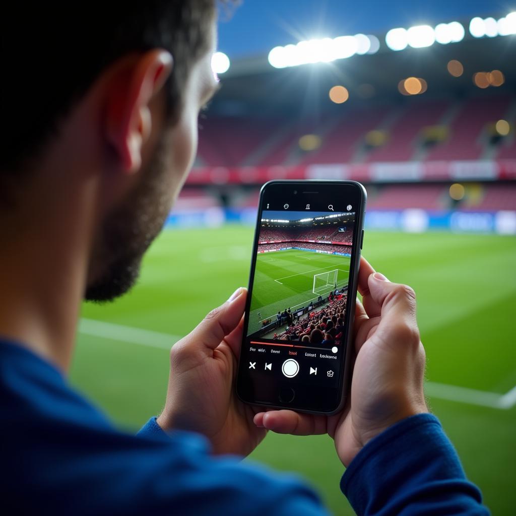 Person schaut Atalanta gegen Bayer Leverkusen Live Stream auf dem Handy