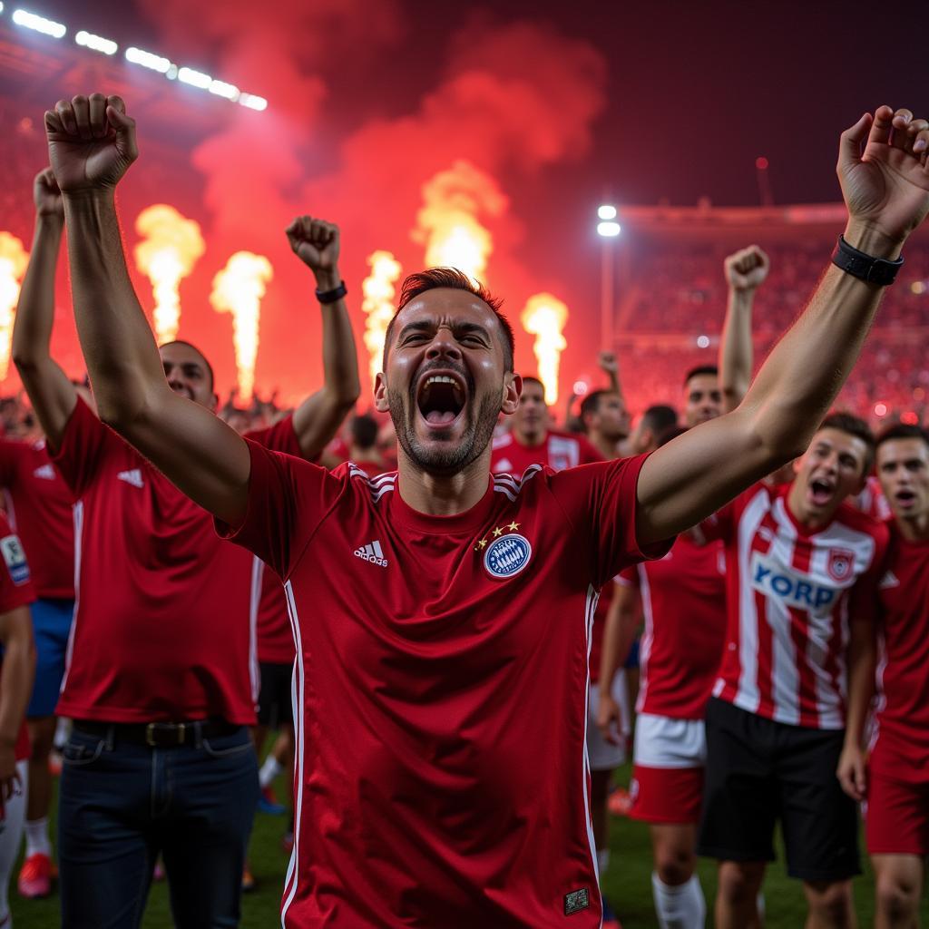 Fans von Bayer Leverkusen feiern ein Tor