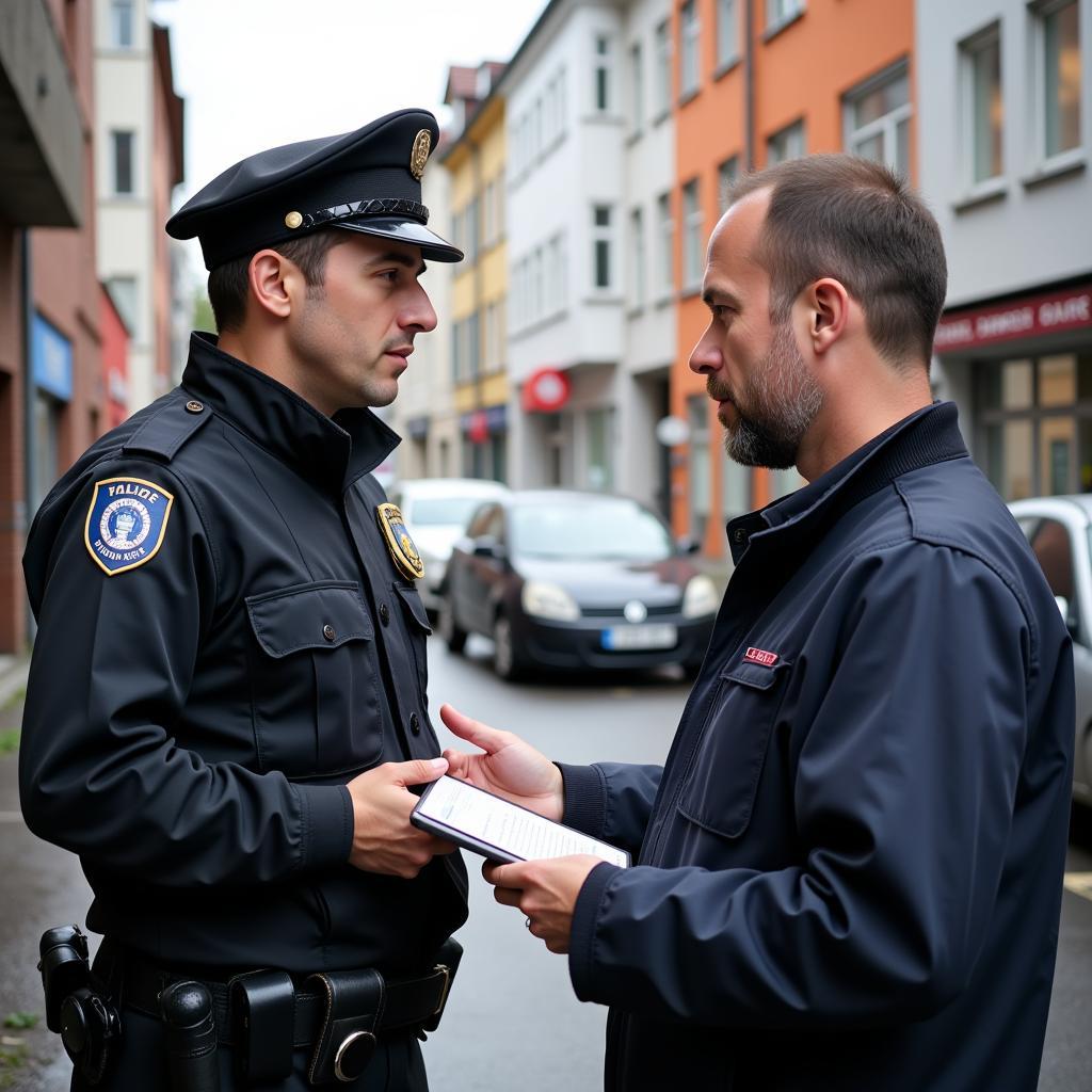 Außendienstmitarbeiter im Städtischen Ordnungsdienst Leverkusen im Gespräch mit einem Bürger