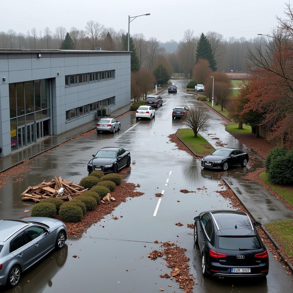 Schäden am Audi Zentrum Leverkusen nach dem Unwetter