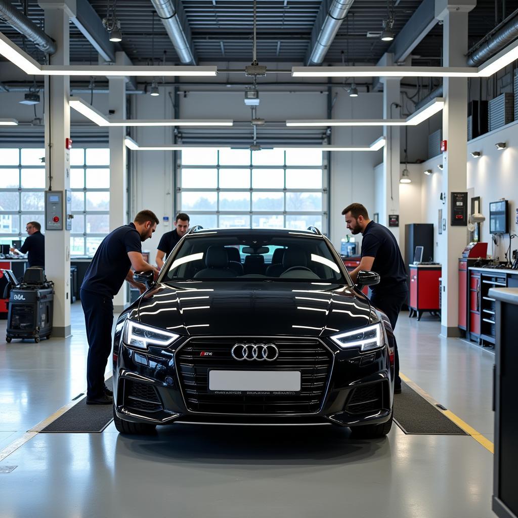 Audi Zentrum Leverkusen Werkstatt Service: Ein Blick in die moderne Werkstatt mit Mechanikern, die an einem Audi arbeiten.