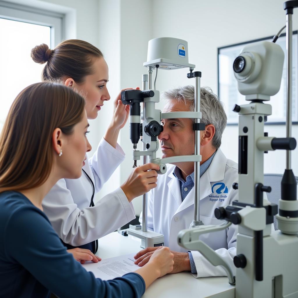 Augenarzt untersucht einen Patienten in einer modernen Augenklinik in Köln Leverkusen.