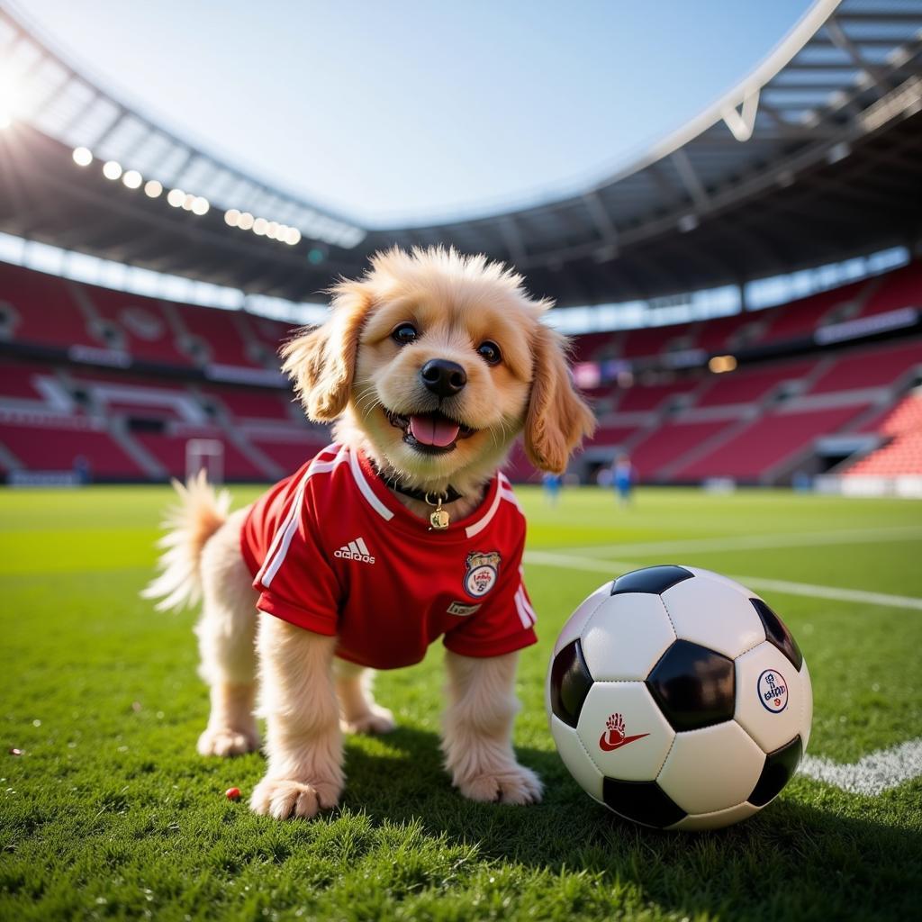 Australian Cobberdog spielt mit einem Fußball in der BayArena