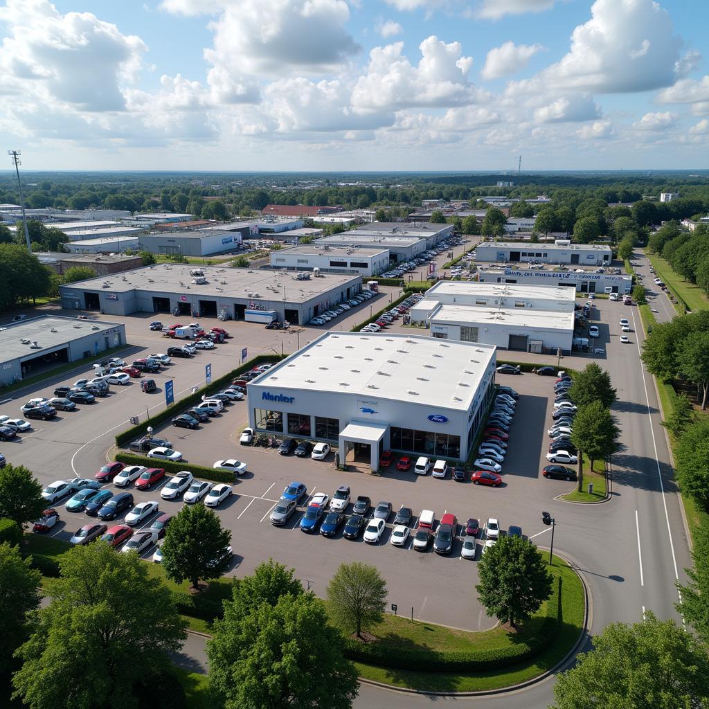 Panoramablick auf das Auto Feld in Leverkusen mit verschiedenen Autohäusern und Werkstätten