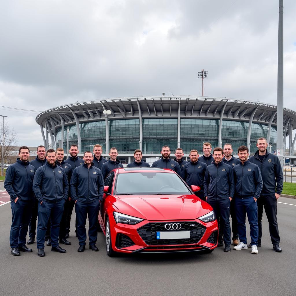 Autotester vor dem Bayer 04 Stadion in Leverkusen.