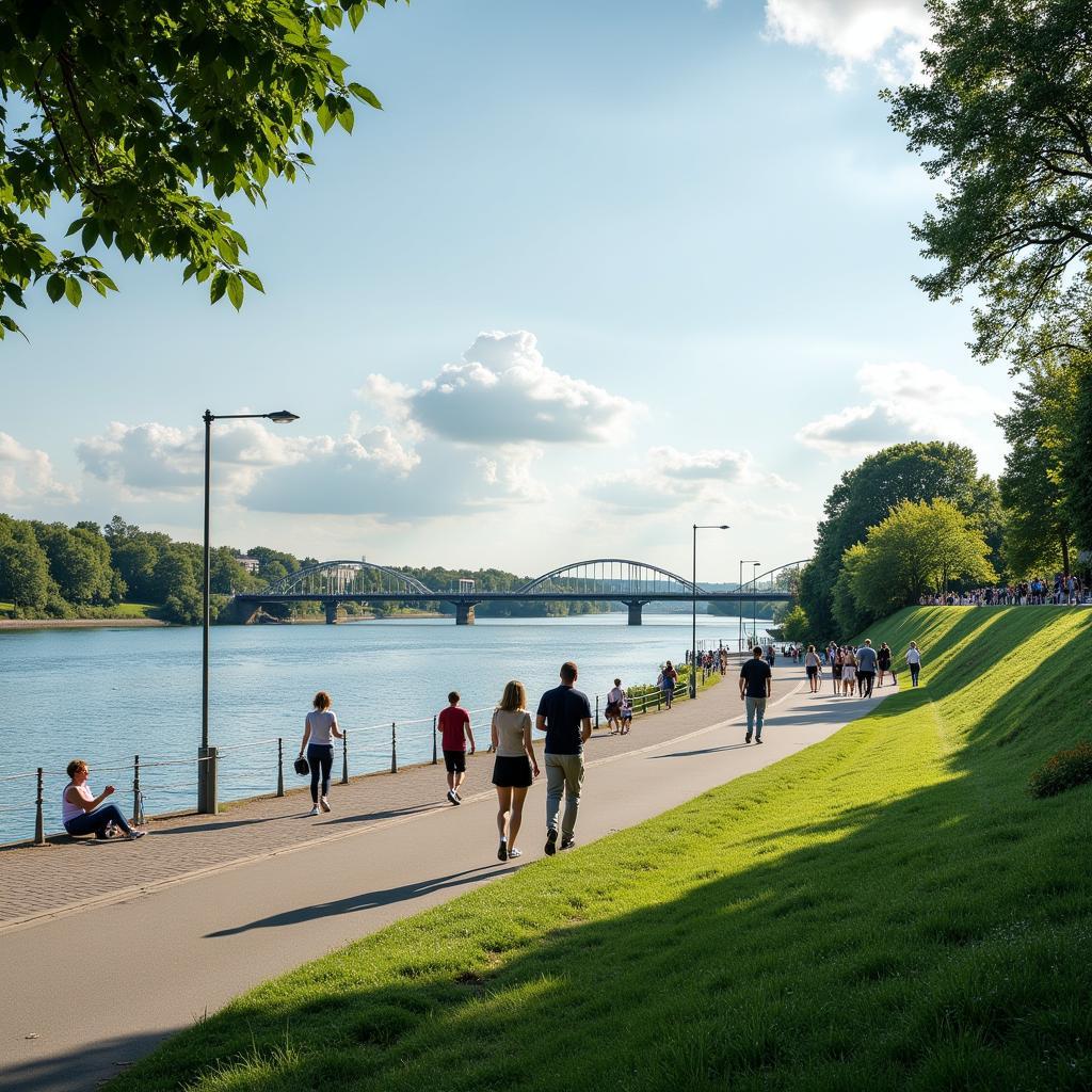 Spaziergänger genießen die Rheinpromenade in Leverkusen