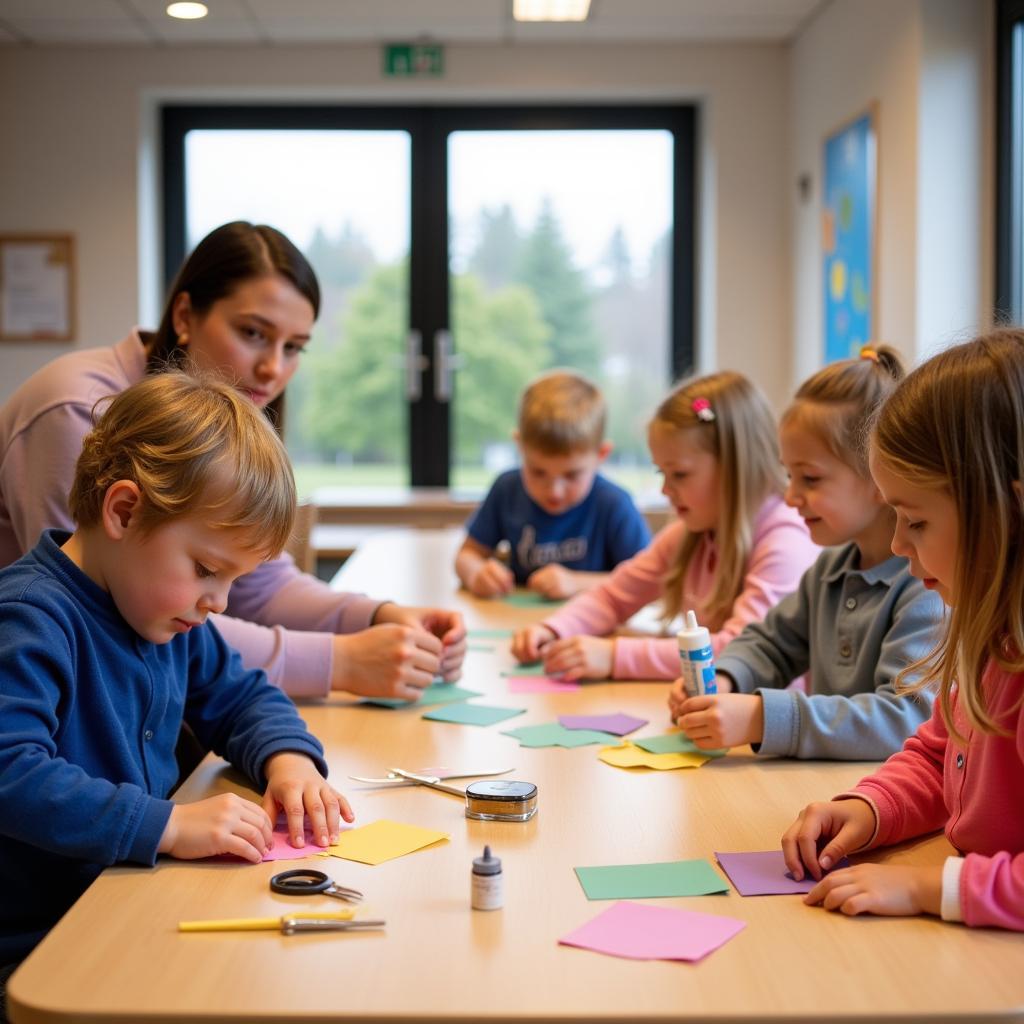 Kinder basteln gemeinsam in der AWO Kita Leverkusen.