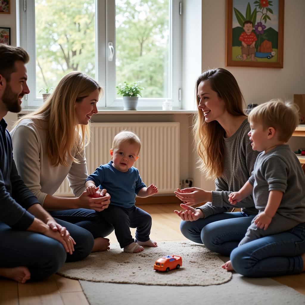 Eltern tauschen sich in einer Krabbelgruppe in Leverkusen aus.