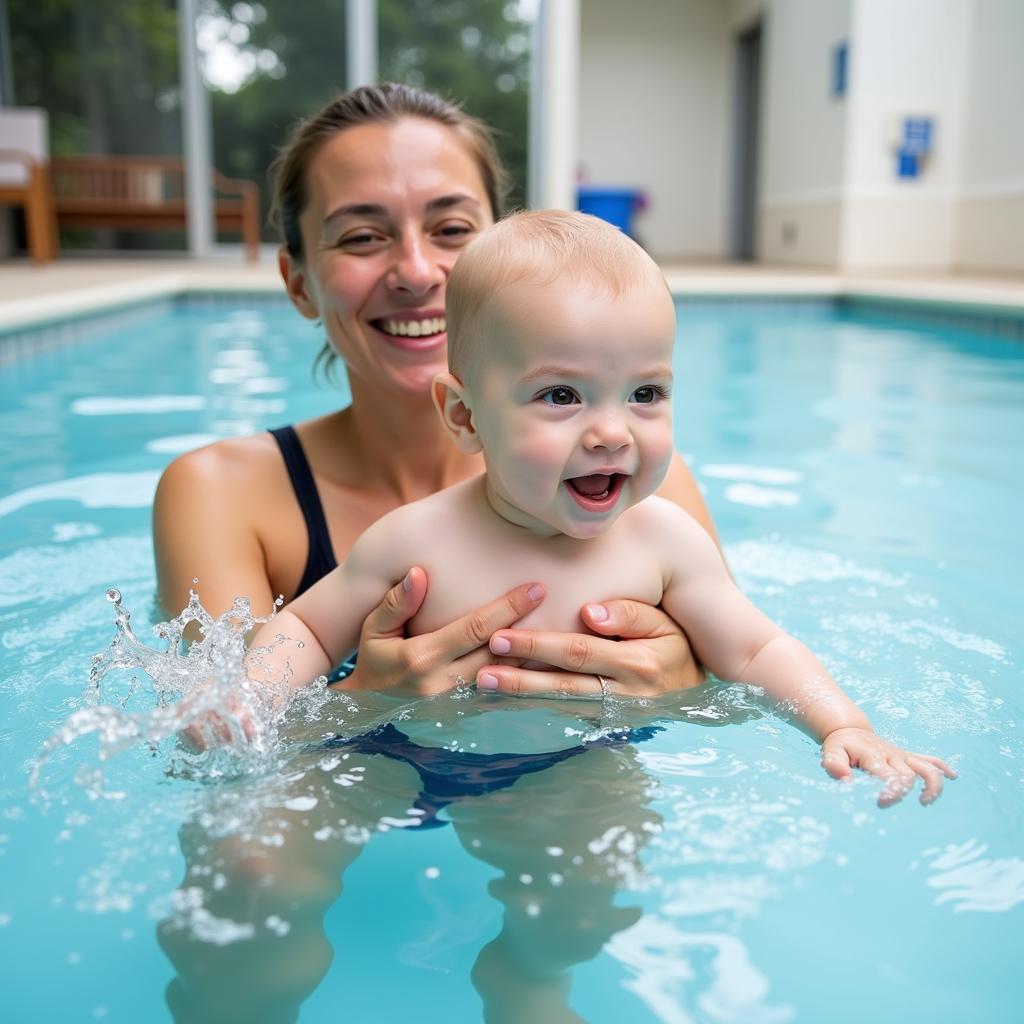 Babyschwimmen in Leverkusen Schlebusch fördert das Wohlbefinden von Babys.