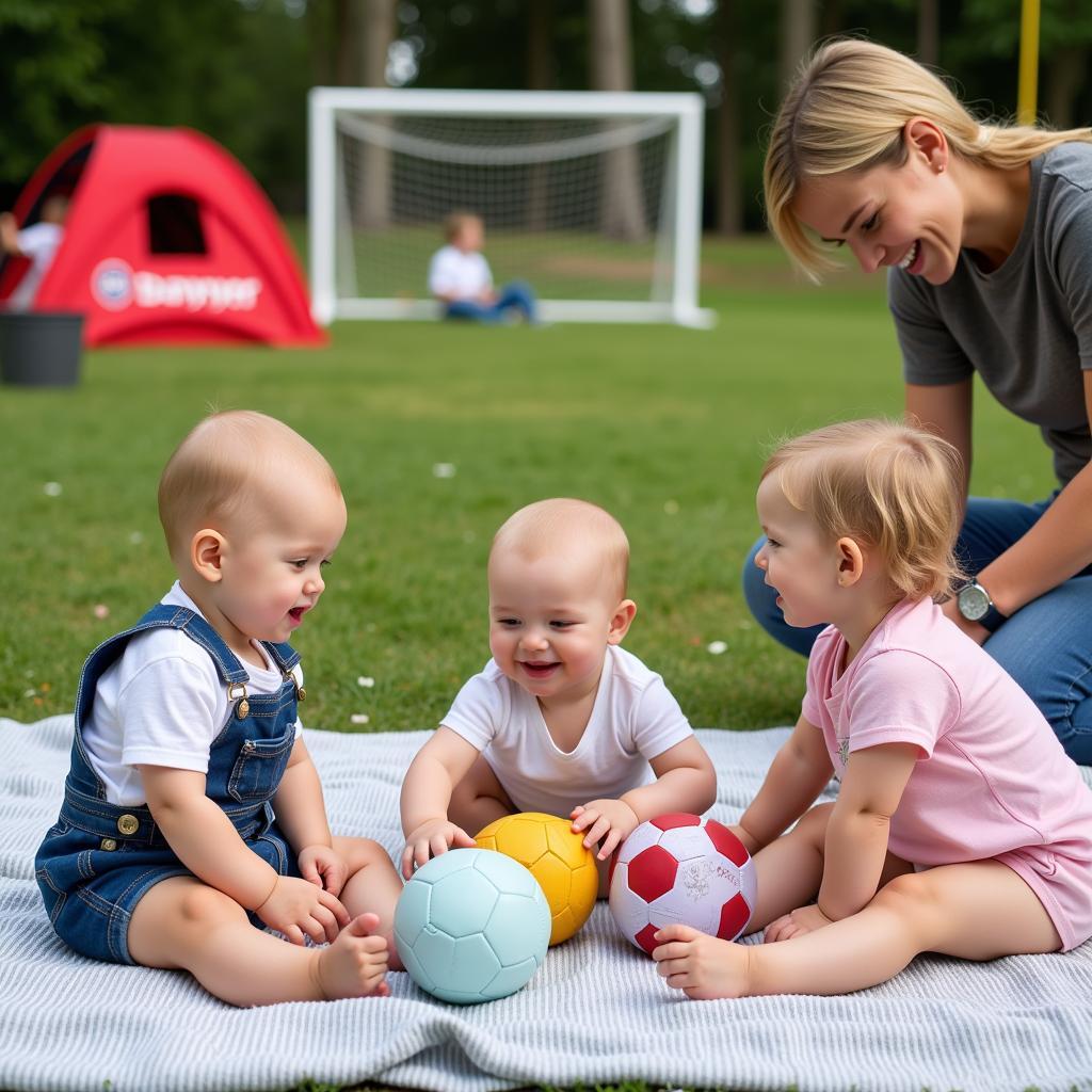 Babys spielen mit weichen Fußbällen auf einer Decke.