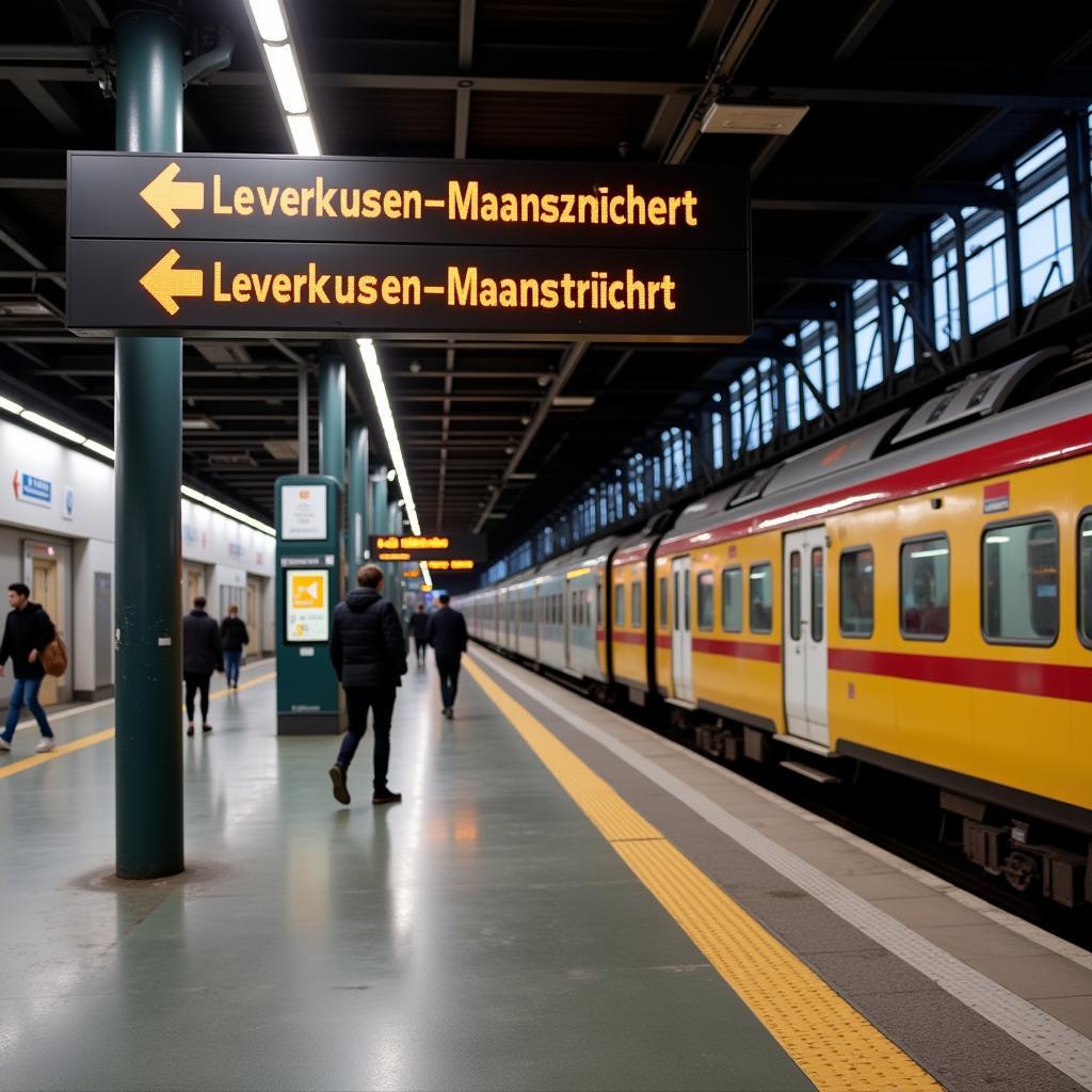 Umsteigen in Köln Hauptbahnhof: Navigation und Wegweiser für Reisende von Leverkusen nach Maastricht.