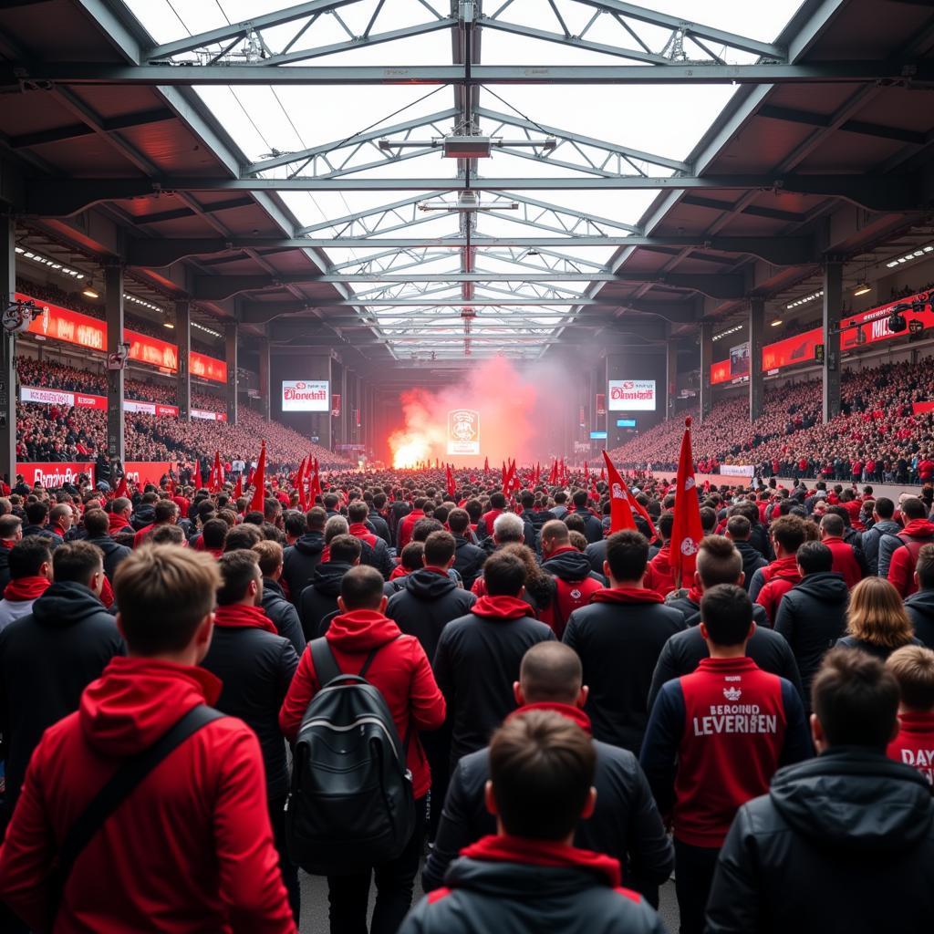 Fußballfans am Bahnhof Leverkusen Mitte auf dem Weg zur BayArena