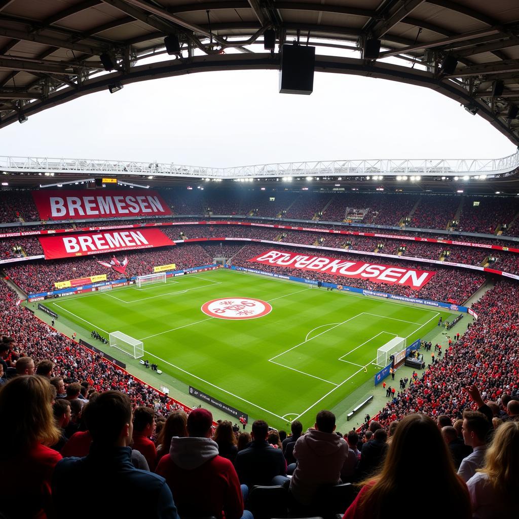 Beeindruckende Fan-Choreographie mit Bannern im Stadion bei einem Spiel zwischen Leverkusen und Bremen.