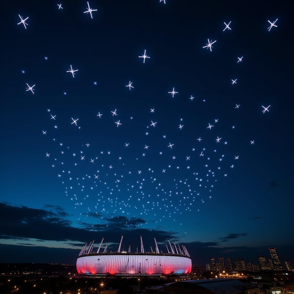 Barmenia Drohnenshow Leverkusen bei Nacht: Hunderte Drohnen erleuchten den Himmel über der BayArena mit faszinierenden Formationen und leuchtenden Farben.