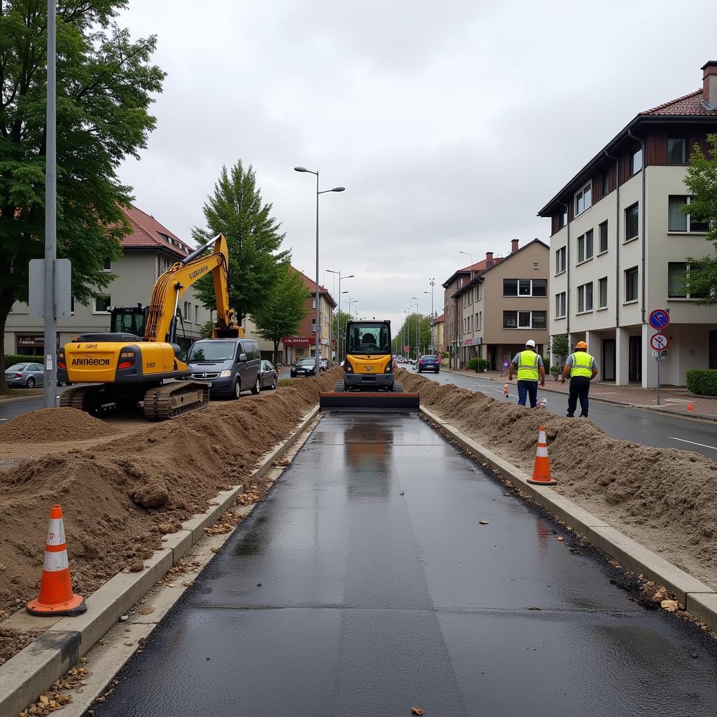 Bauarbeiten an der Rennbaumstraße in Leverkusen:  Bagger und Bauarbeiter sind im Einsatz, um die Straße zu erneuern.