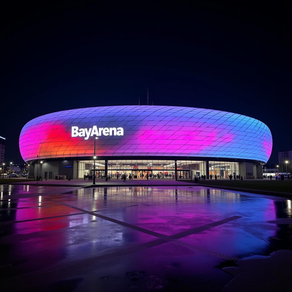 BayArena bei Nacht: Imposante Außenansicht des beleuchteten Stadions am Ankerweg 3a Leverkusen.