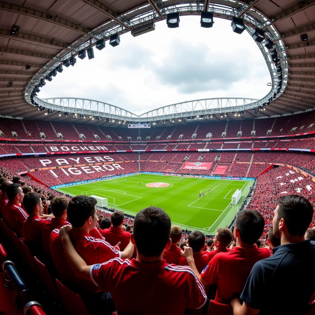 Die BayArena: Fans von Bayer Leverkusen feuern ihre Mannschaft an