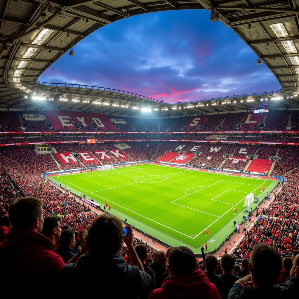 Die BayArena bei einem Fußballspiel von Leverkusen