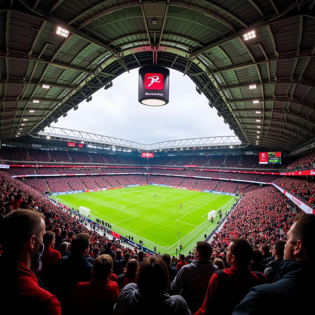 BayArena Spielatmosphäre: Blick auf das Spielfeld während eines Bundesliga-Spiels mit begeisterten Fans.