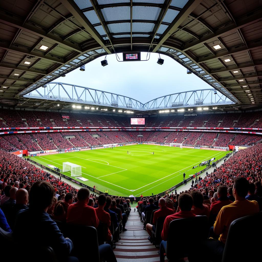 Innenansicht der BayArena an einem Spieltag