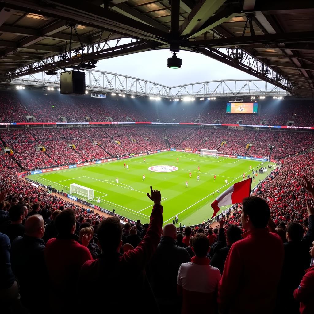 Innenansicht der BayArena mit jubelnden Fans