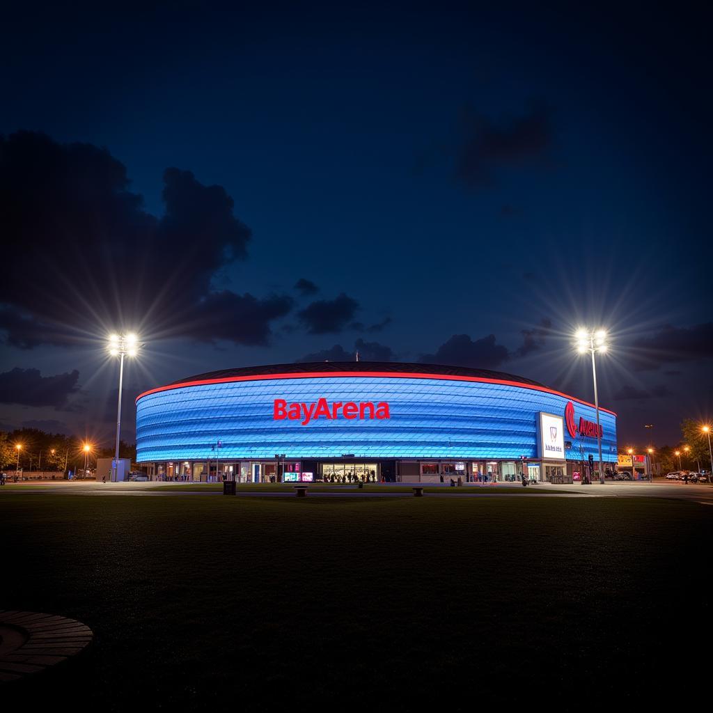 Nachtaufnahme der BayArena in Leverkusen mit Flutlicht.