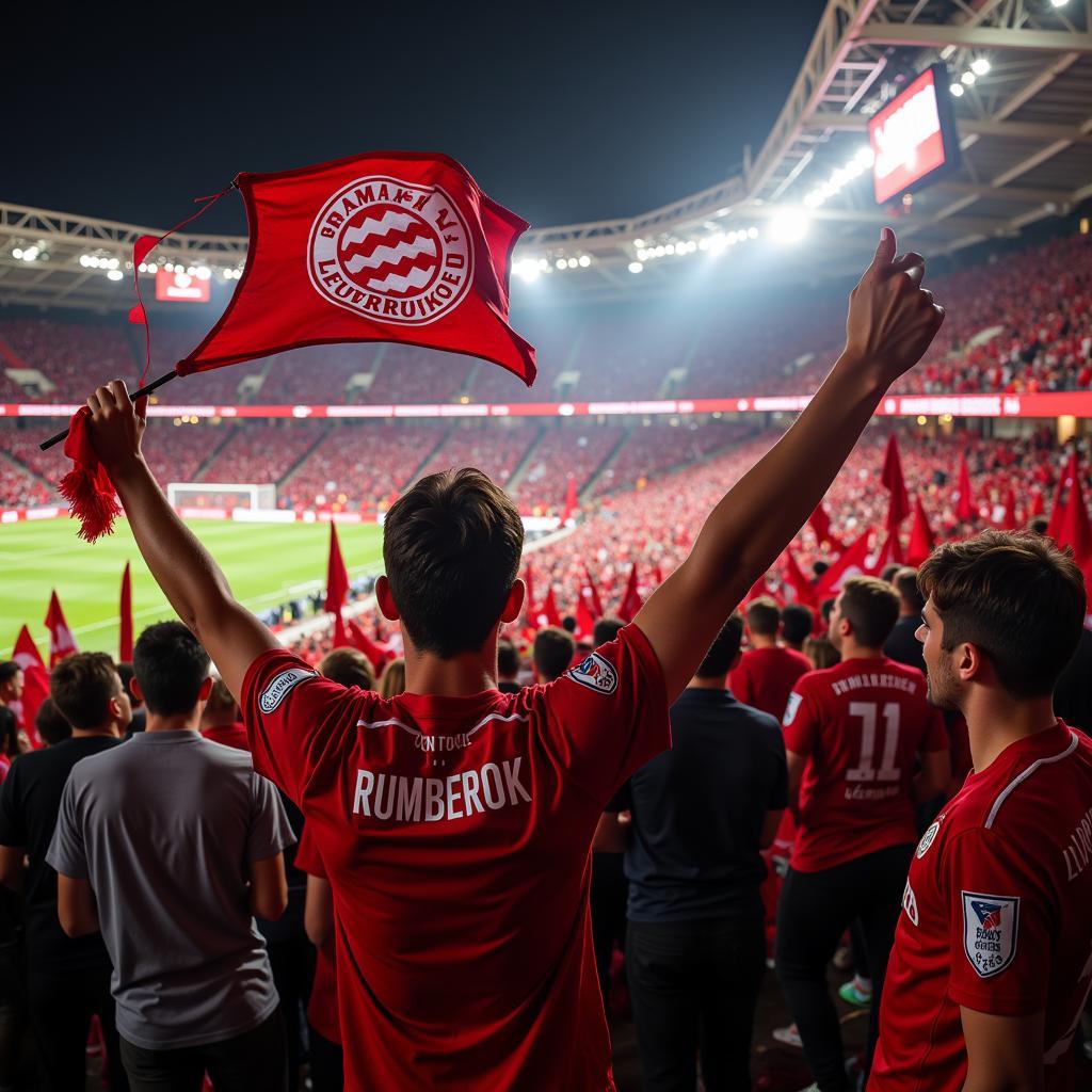 Leidenschaftliche Fans im Block A1 der BayArena Leverkusen.