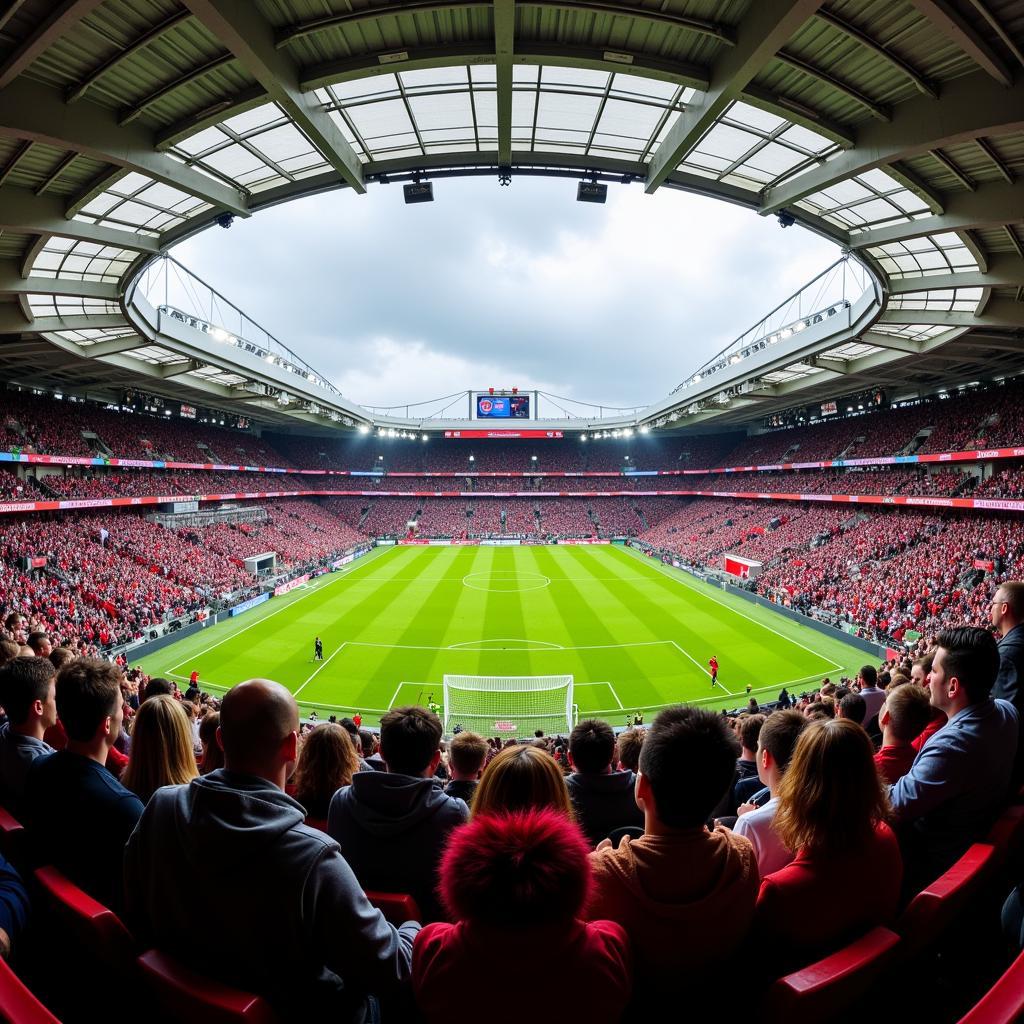 Die BayArena in Leverkusen gefüllt mit Fans