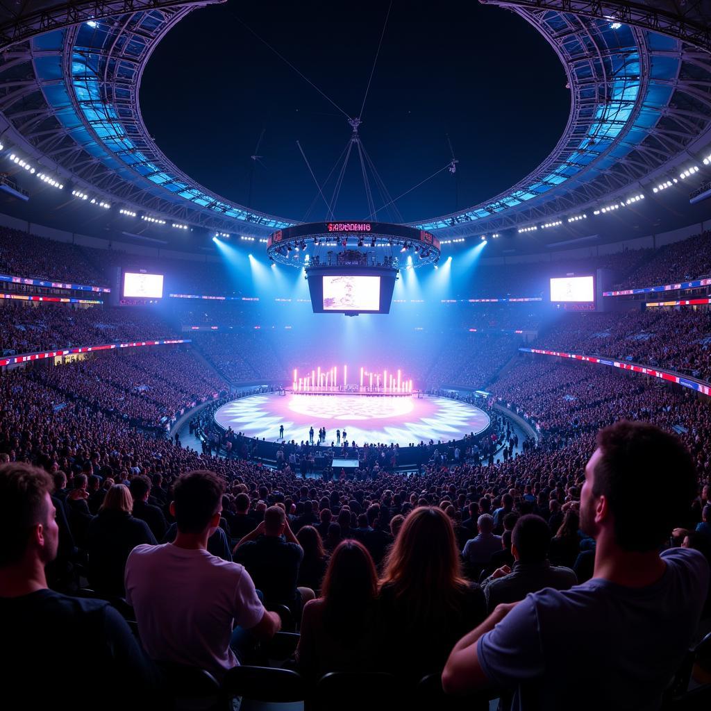 Fans in der BayArena Leverkusen beobachten die Drohnenshow