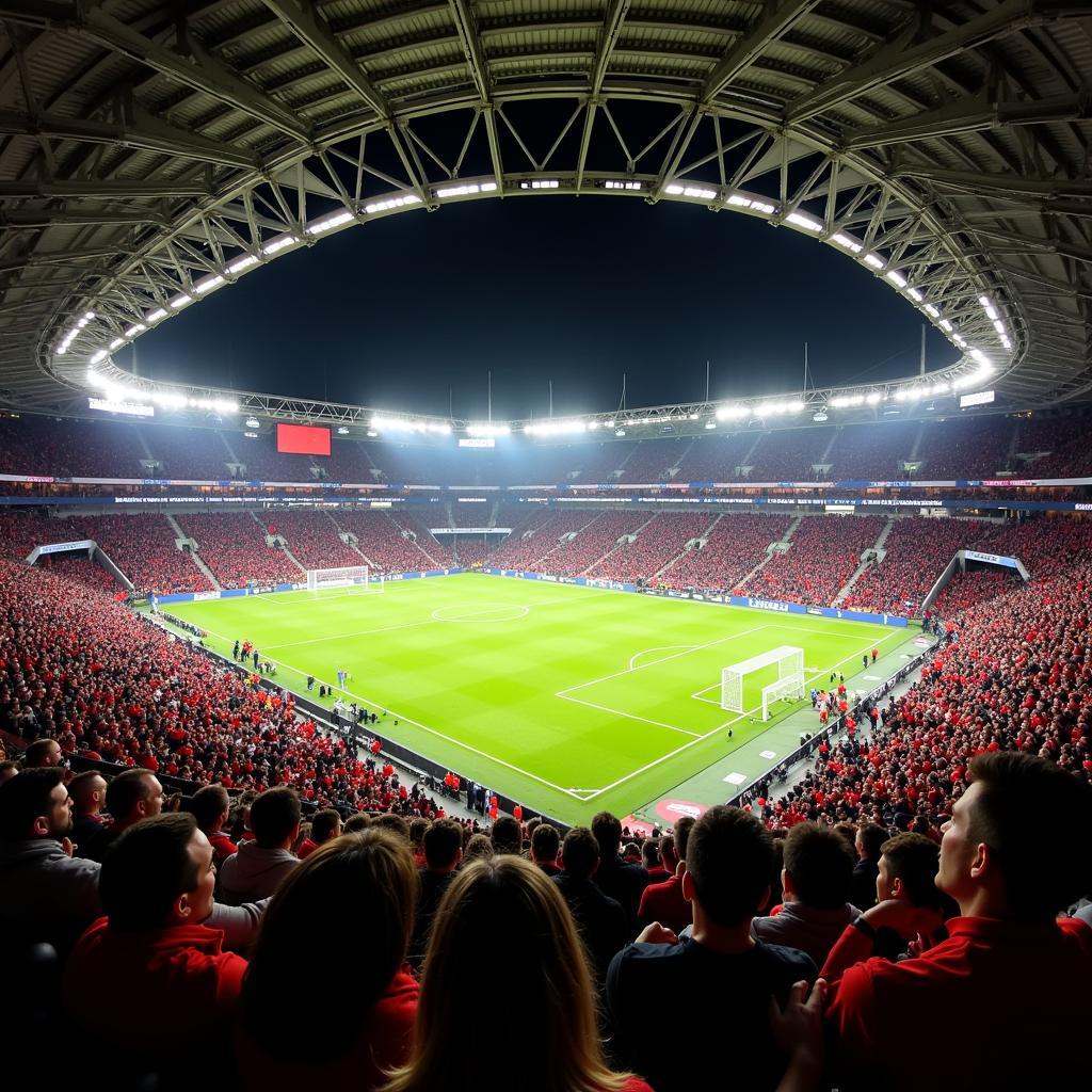 Innenansicht der BayArena in Leverkusen mit jubelnden Fans.