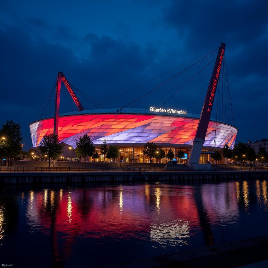 Die beleuchtete BayArena in Leverkusen bei Nacht.