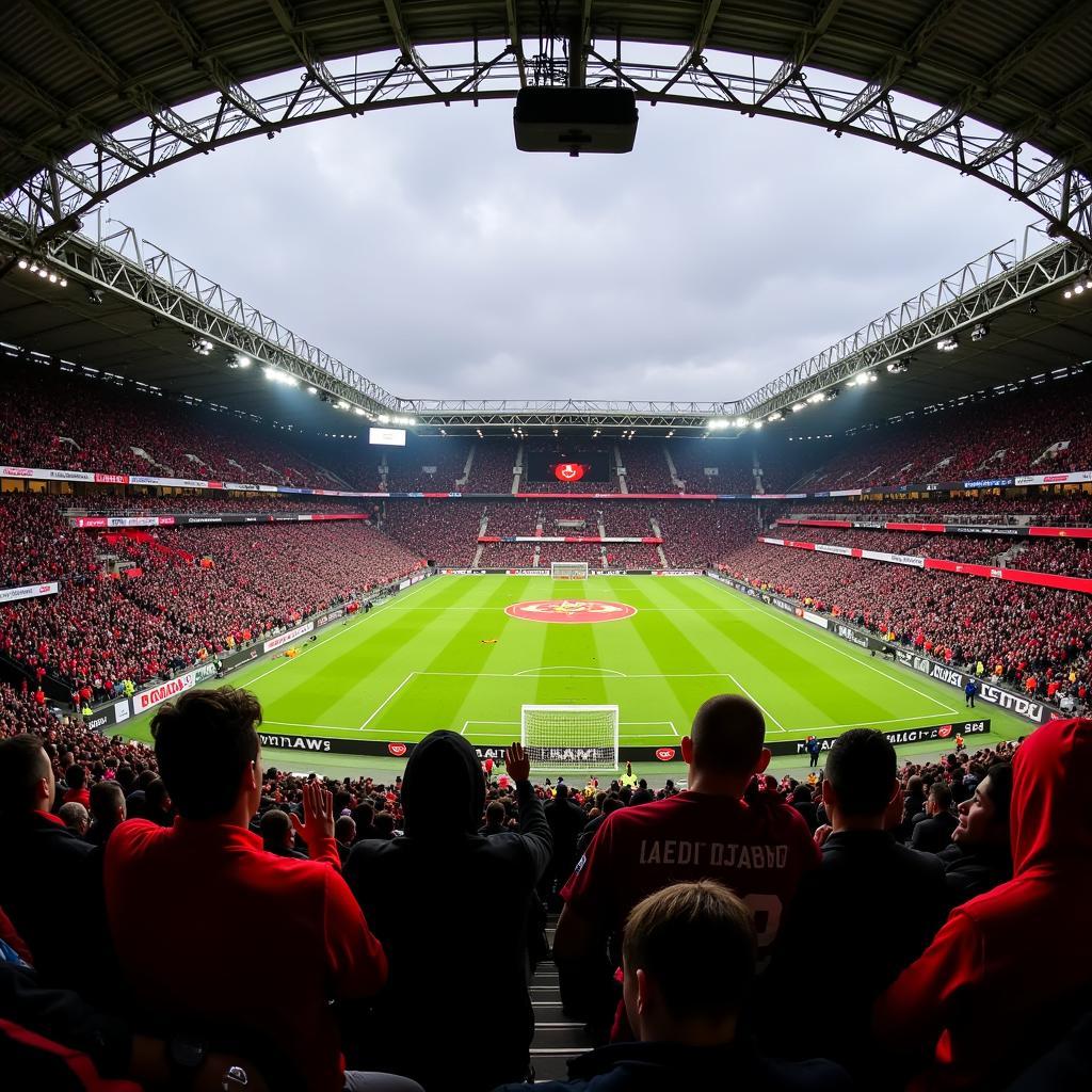 Die BayArena: Ein Blick in das Stadion von Bayer 04 Leverkusen mit jubelnden Fans