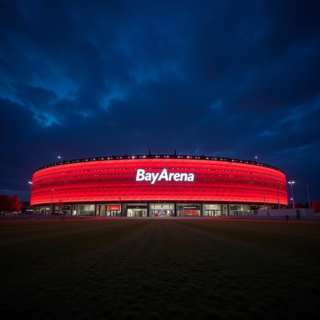 Die BayArena bei Nacht - Heimspielstätte von Bayer 04 Leverkusen