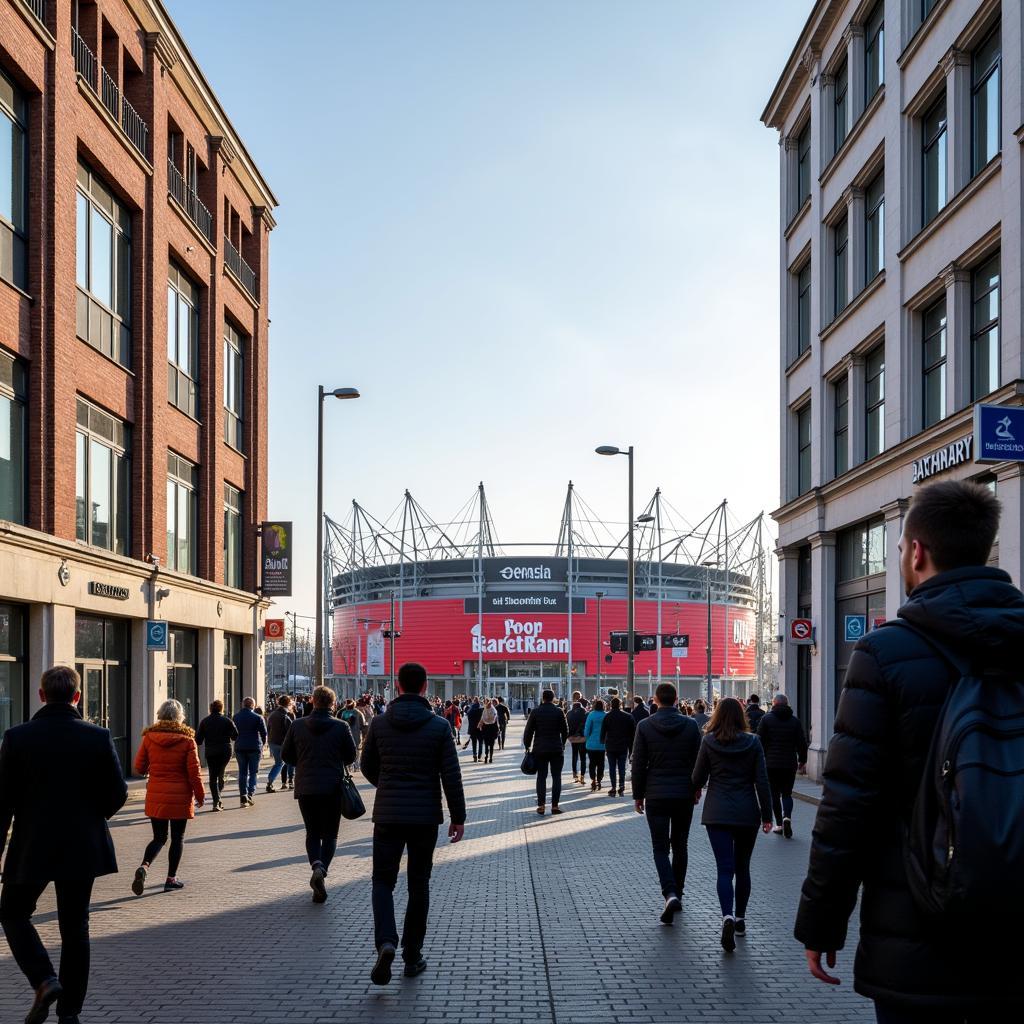 Blick auf die BayArena von der Maybachstraße aus, mit Fans auf dem Weg zum Stadion.