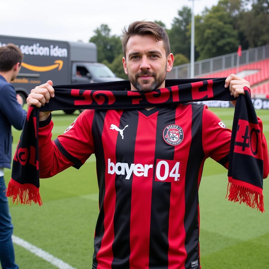 Bayer 04 Fanartikel: Ein Fan trägt ein Trikot und hält einen Schal mit dem Bayer 04 Logo, im Hintergrund ein Amazon Lieferwagen.